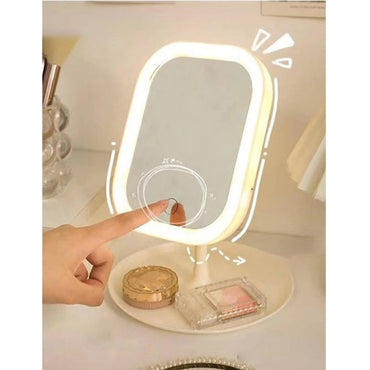 (Net) Customized Rectangular Shape Single Face LED Table Mirror with Tray 360° Swivel Function