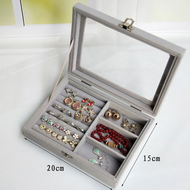Velvet Glass Ring Earring Jewelry Display Organizer Box Tray Holder Storage Case / 42229