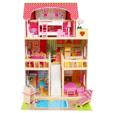 (Net) Wooden Doll House with furniture with Pool and outdoor accessories