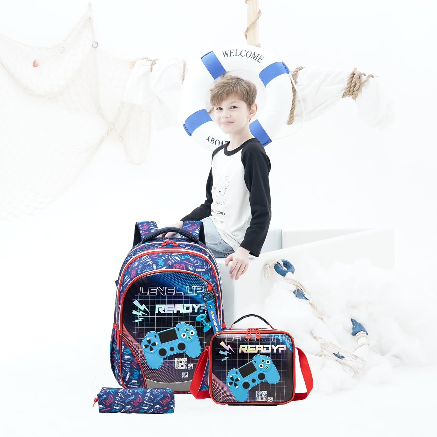 (NET) Meetbelify White Backpacks School Backpack With Lunch Box Set Of 3 Pcs