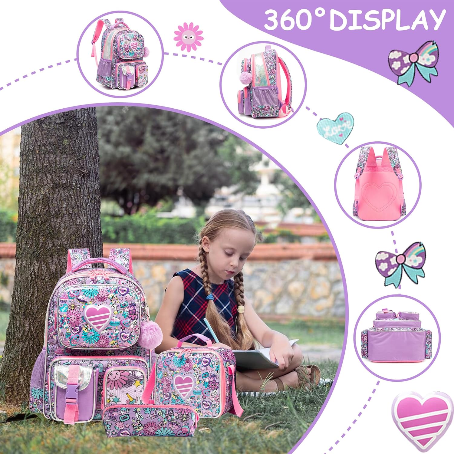 (NET) Meetbelify Heart School Backpack Set Of 3 Pcs