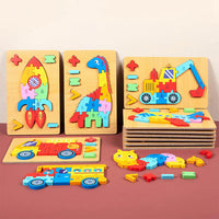 Kids 3D Wooden Toy Montessori Animals Transportation Cartoon Shape Educational Toy