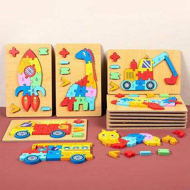 Kids 3D Wooden Toy Montessori Animals Transportation Cartoon Shape Educational Toy