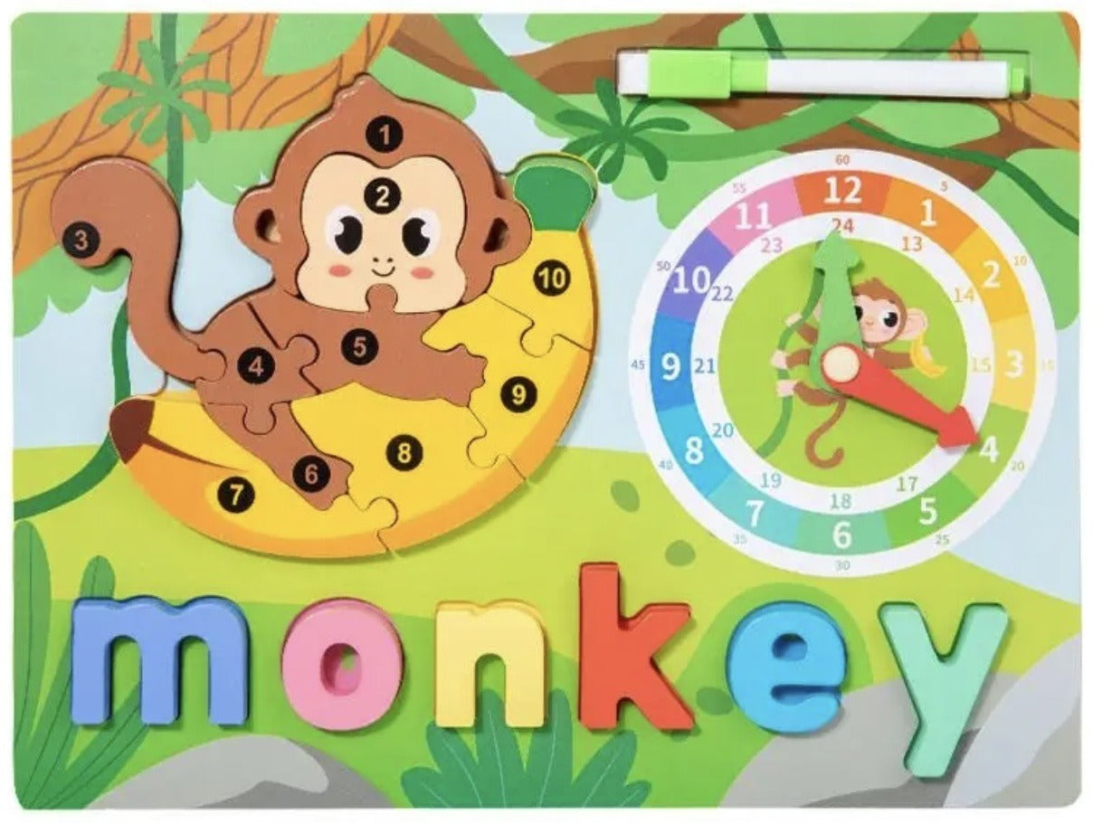 Creations Montessori Toy Preschool Alphabet Animal Puzzle With Clock & Marker
