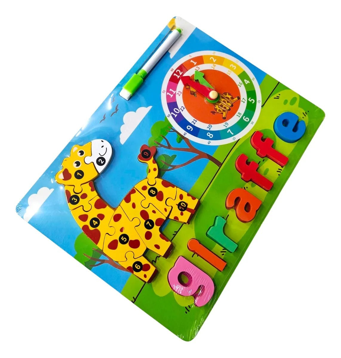 Creations Montessori Toy Preschool Alphabet Animal Puzzle With Clock & Marker