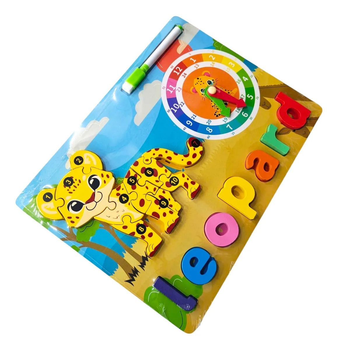 Creations Montessori Toy Preschool Alphabet Animal Puzzle With Clock & Marker