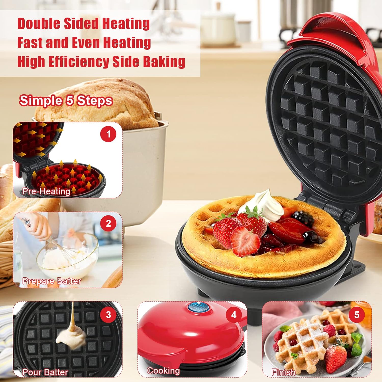 (Net) Round Electric Non-Stick Mini Waffle Maker