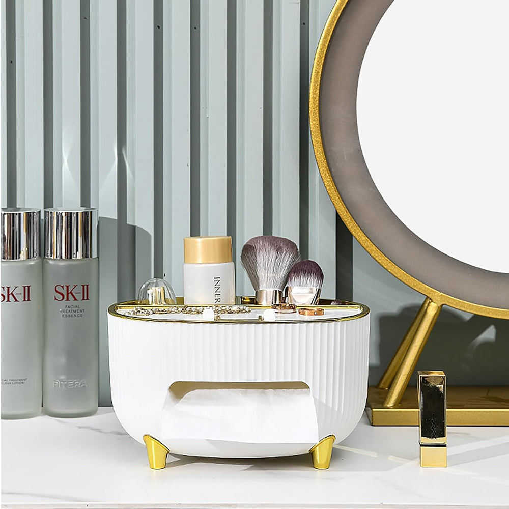 (Net) Tissue Holder Case For Office Home Decoration With Mobile Stand And Two Compartments For Jewelry Makeup Brushes