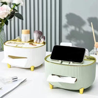 (Net) Tissue Holder Case For Office Home Decoration With Mobile Stand And Two Compartments For Jewelry Makeup Brushes