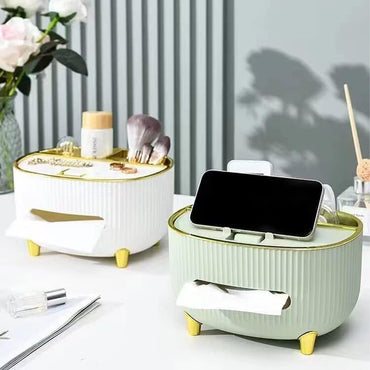 (Net) Tissue Holder Case For Office Home Decoration With Mobile Stand And Two Compartments For Jewelry Makeup Brushes