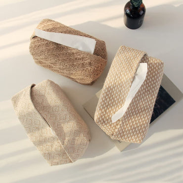 Japanese Style Organic Long Lattice Linen Tissue Box Napkin Cover