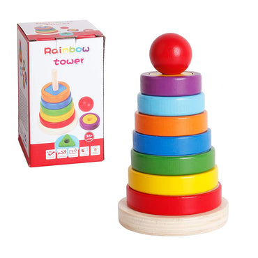 Wooden Toys Rainbow Tower Sorting Stacking Rings Building Puzzles