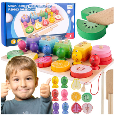 Wooden Puzzle Blocks Fishing Fruits For Cutting With Magnet