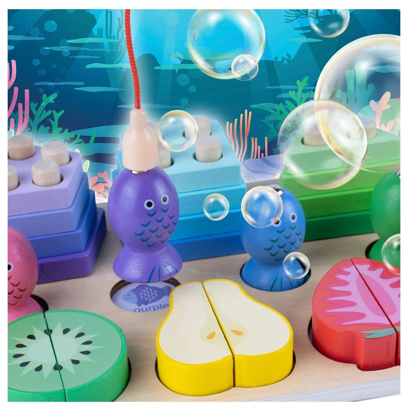 Wooden Puzzle Blocks Fishing Fruits For Cutting With Magnet