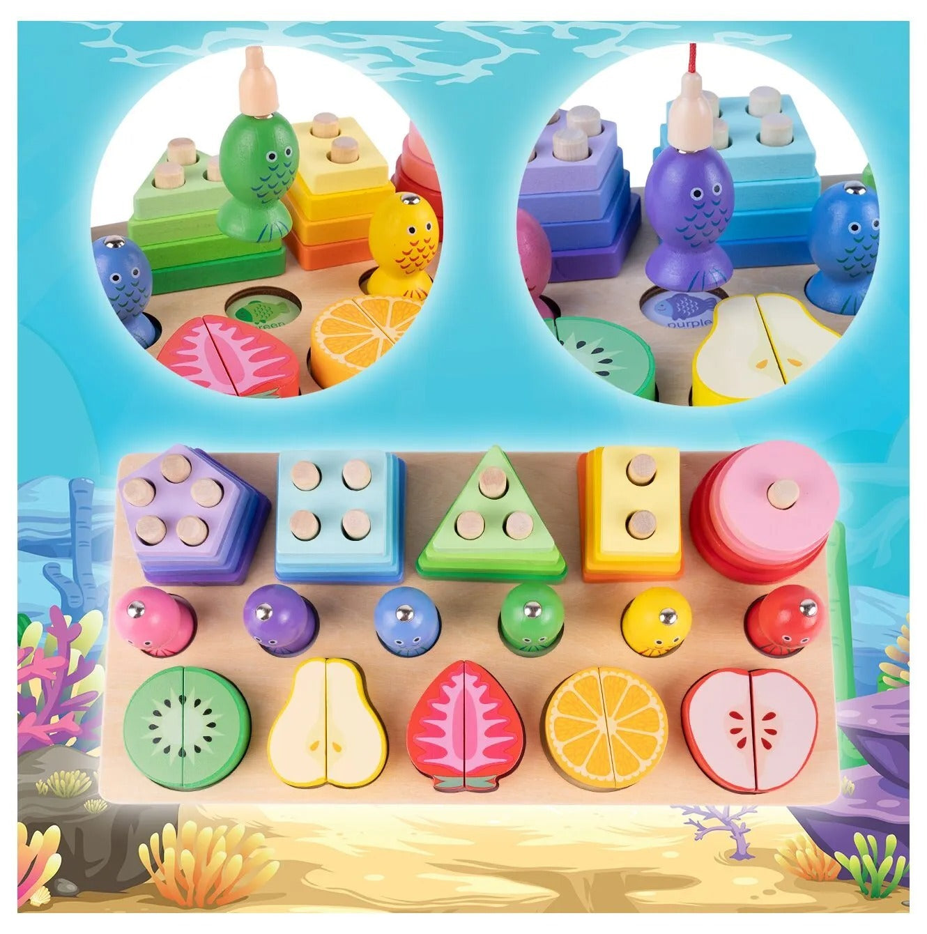 Wooden Puzzle Blocks Fishing Fruits For Cutting With Magnet