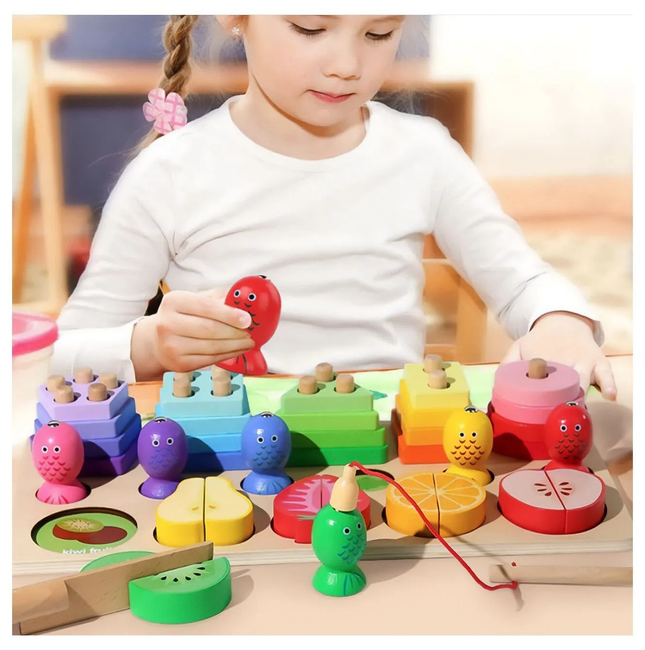 Wooden Puzzle Blocks Fishing Fruits For Cutting With Magnet