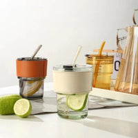 (Net) Glass Tumbler Cup Clear Reusable Mugs with Leak Proof Lid and Heat resistant Leather Band and Straw 400ml