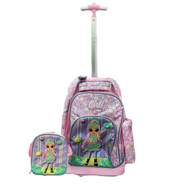 (NET) Girl Pink Backpack With Wheels Set Of 3 Pcs