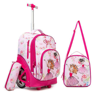 (NET) Girl Backpack With Wheels Set Of 3 Pcs