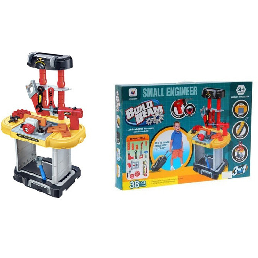 (Net) 3 In 1 Small Engineer Build Beam Workshop Playset With Travel Luggage Trolley For Kids