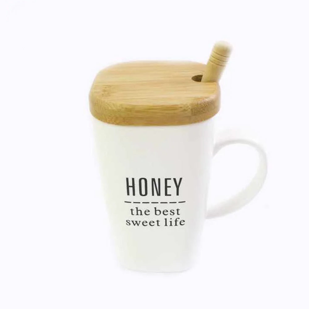 (Net) Elegant White Ceramic Cup with Wooden Lid and Small Spoon