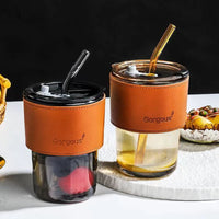 (Net) Glass Tumbler Cup Clear Reusable Mugs with Leak Proof Lid and Heat resistant Leather Band and Straw 400ml