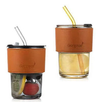 (Net) Glass Tumbler Cup Clear Reusable Mugs with Leak Proof Lid and Heat resistant Leather Band and Straw 400ml