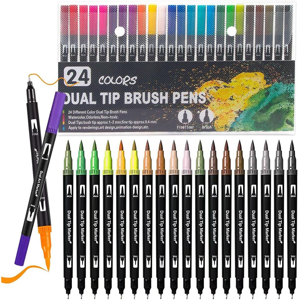 Dual Brush Felt Tip Pen 24 Colors