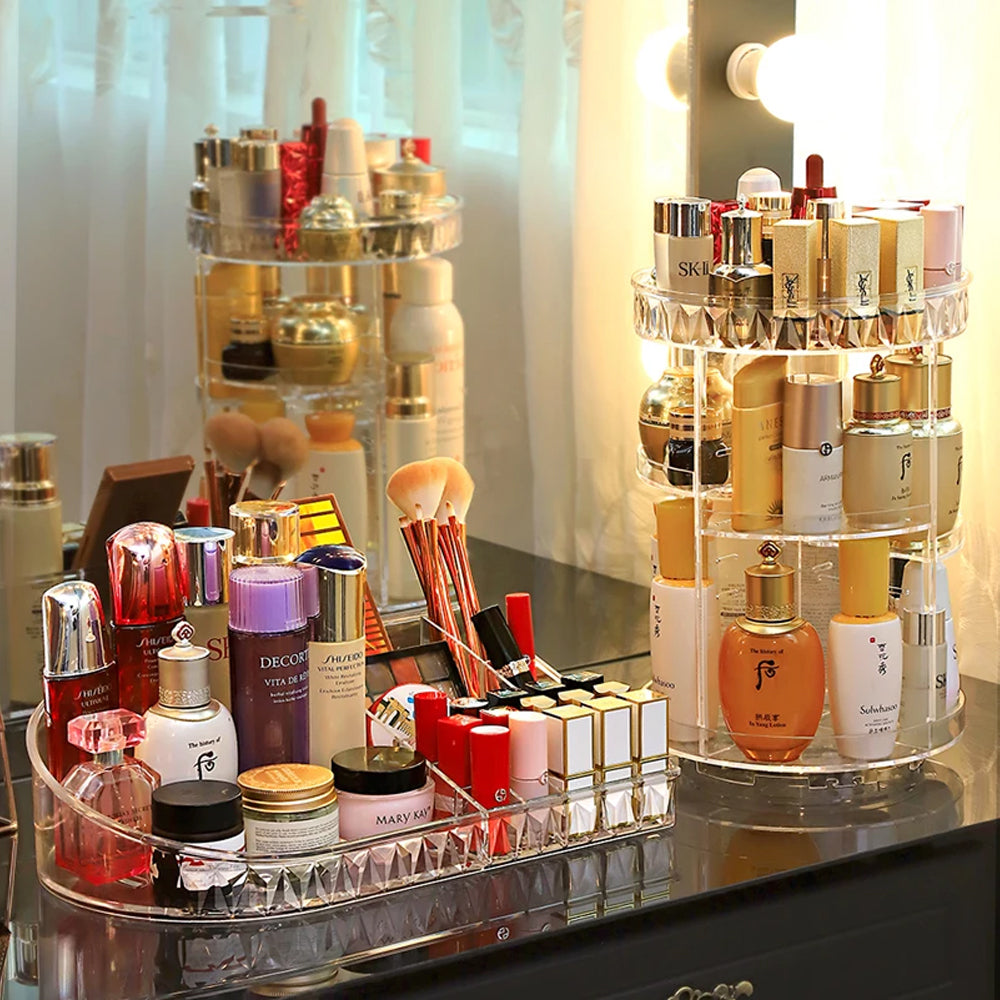 ( NET) 360 Rotating Makeup Beauty Organizer Acrylic Box Dresser Lipstick Skin Care Shelf Diamond Pattern Cosmetics Receiving Box