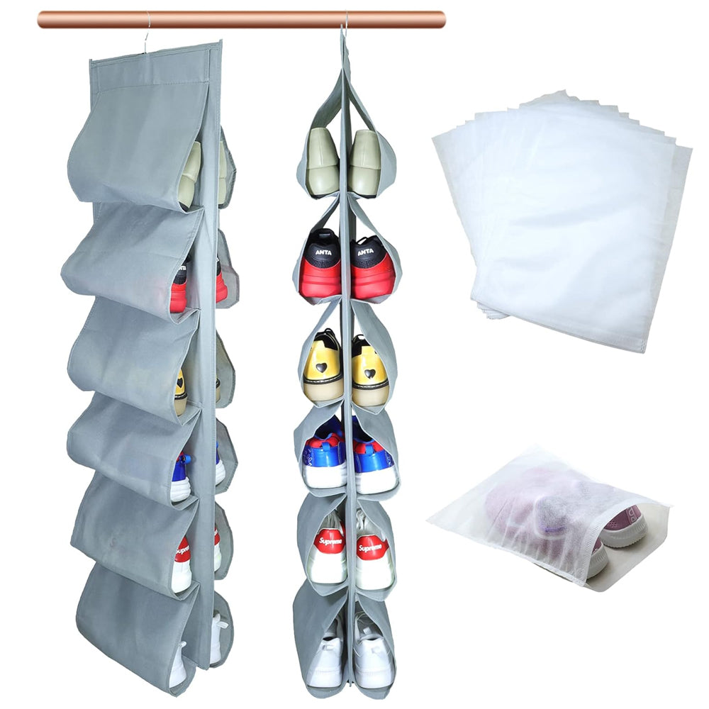 12 Pockets Hanging Shoe Organizer for Closet with Hanger for Storage Mens Shoes,Kids ,Also can used as Travel shoe rack hanging