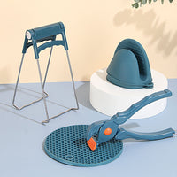 (net) Stainless Steel Home Kitchen Anti-Scald Plate Take Bowl Dish Pot Holder Carrier Clamp Clip Handle and Silicon Slip Resistance Glove Combo