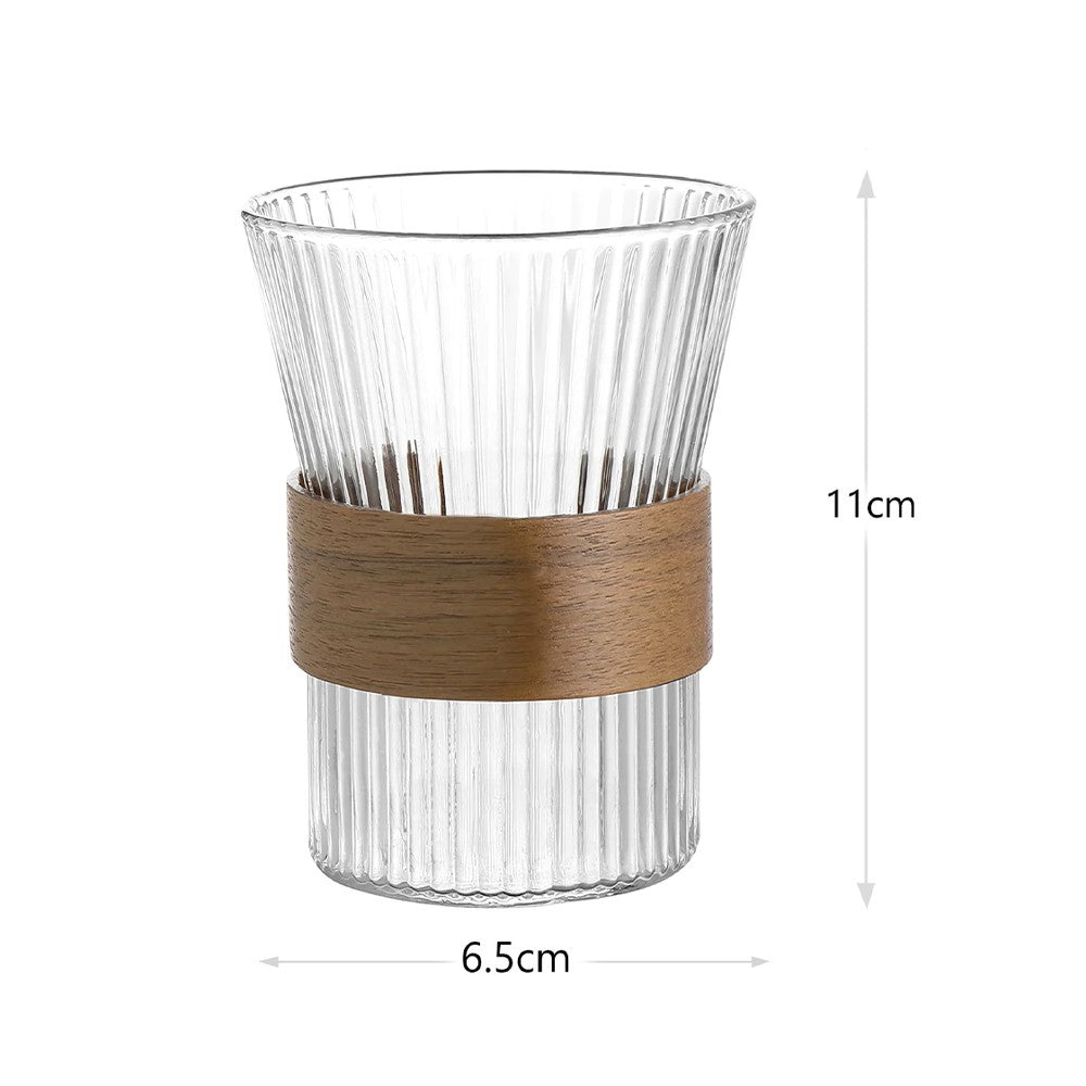 6 Pcs Japanese Style Borosilicate Glass Cup with Natural Round Wooden Holding Ring