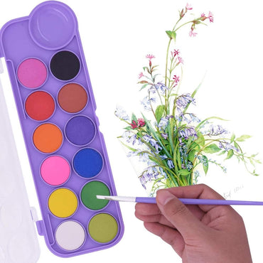 12 Colors Watercolor Paint Palette Set with Brush