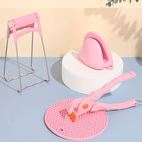 (net) Stainless Steel Home Kitchen Anti-Scald Plate Take Bowl Dish Pot Holder Carrier Clamp Clip Handle and Silicon Slip Resistance Glove Combo