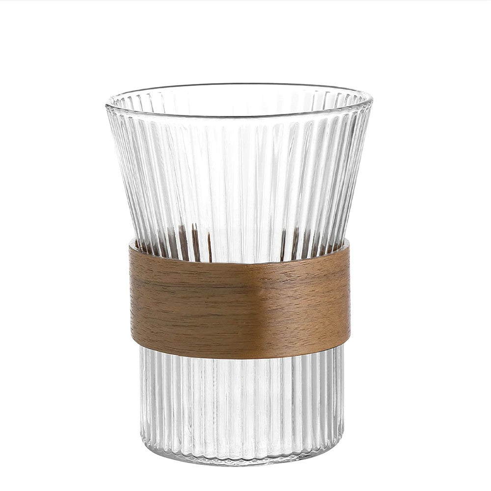 6 Pcs Japanese Style Borosilicate Glass Cup with Natural Round Wooden Holding Ring