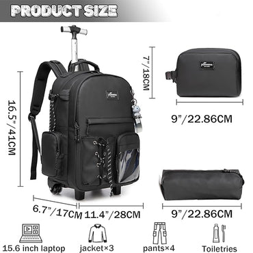 (NET) Black School Rolling Backpack With Wheels Backpack With Lunch Box Set Of 3 Pcs