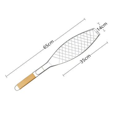(NET) Fish Barbeque Grill, Chromium Plated Iron, Folding Portable BBQ Grill for Fish, Vegetables, Shrimp with Removable Heat Resistant Wooden Handle