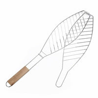 (NET) Fish Barbeque Grill, Chromium Plated Iron, Folding Portable BBQ Grill for Fish, Vegetables, Shrimp with Removable Heat Resistant Wooden Handle