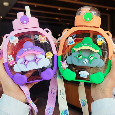 Portable Kids Student Kindergarten School Cute Cartoon Bear Plastic Water Bottle With Straw
