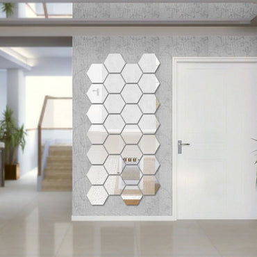 Hexagon Mirror Wall Sticker Art Wall Decor Living Room Mirrored Decorative Sticker 12 Pcs