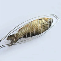 (NET) Fish Barbeque Grill, Chromium Plated Iron, Folding Portable BBQ Grill for Fish, Vegetables, Shrimp with Removable Heat Resistant Wooden Handle