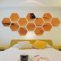(NET) Hexagon Mirror Wall Sticker Art Wall Decor Living Room Mirrored Decorative Sticker 12 Pcs