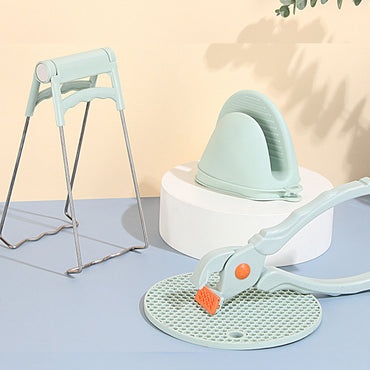 (net) Stainless Steel Home Kitchen Anti-Scald Plate Take Bowl Dish Pot Holder Carrier Clamp Clip Handle and Silicon Slip Resistance Glove Combo