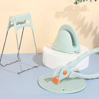 (net) Stainless Steel Home Kitchen Anti-Scald Plate Take Bowl Dish Pot Holder Carrier Clamp Clip Handle and Silicon Slip Resistance Glove Combo