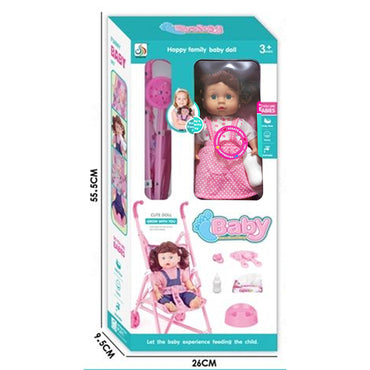 Foldable Baby Doll Stroller Set with Nursing Tools - Brown-Haired Doll