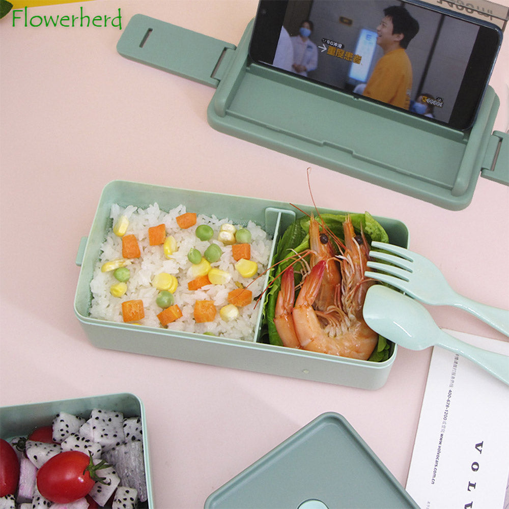 Double Layer Portable Lunch Box With Fork and Spoon Microwave Bento Boxes Dinnerware Set Food Storage Container