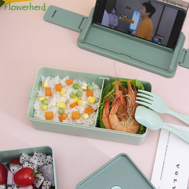 Double Layer Portable Lunch Box With Fork and Spoon Microwave Bento Boxes Dinnerware Set Food Storage Container