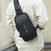 (NET) Fashionable Male Chest Bag with Smart Code Lock, USB Port, and Waterproof Design