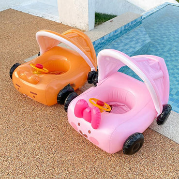 (NET) Cute Car Baby Pool Float with Canopy Inflatable Swimming Floats for Kids