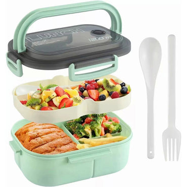 2 Layer Grid Lunch Box Portable Hermetic Children Student Bento Box With Fork Spoon Leakproof Microwavable For School Lunch Box / KR-605